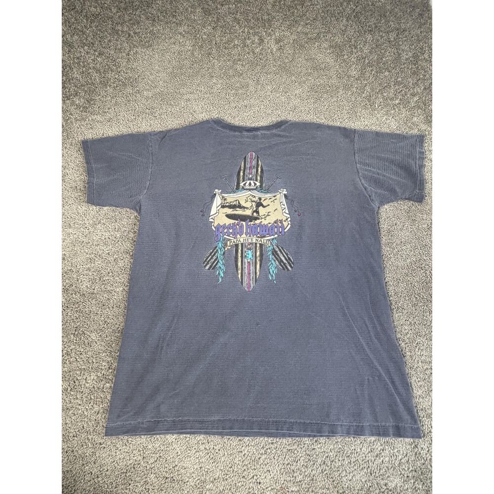 Vintage Gecko Hawaii Shirt Mens XL Blue Surfboard Graphic Ribbed Crew Neck 90s